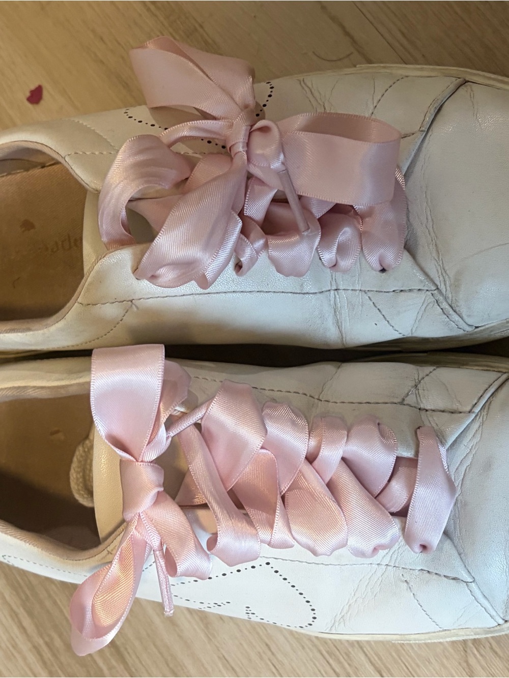 Kate Spade White Leather Women’s Sneakers with Pink Satin Ribbon Laces